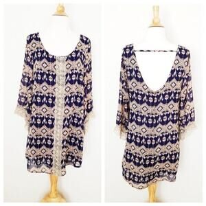 NWOT Nordstrom InLuv Navy Ikat Lace Sleeve Tunic Top / Mini Dress L